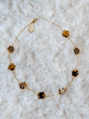 TORY BURCH Walter Gold Flower Tortoise Resin Connector Logo Necklace